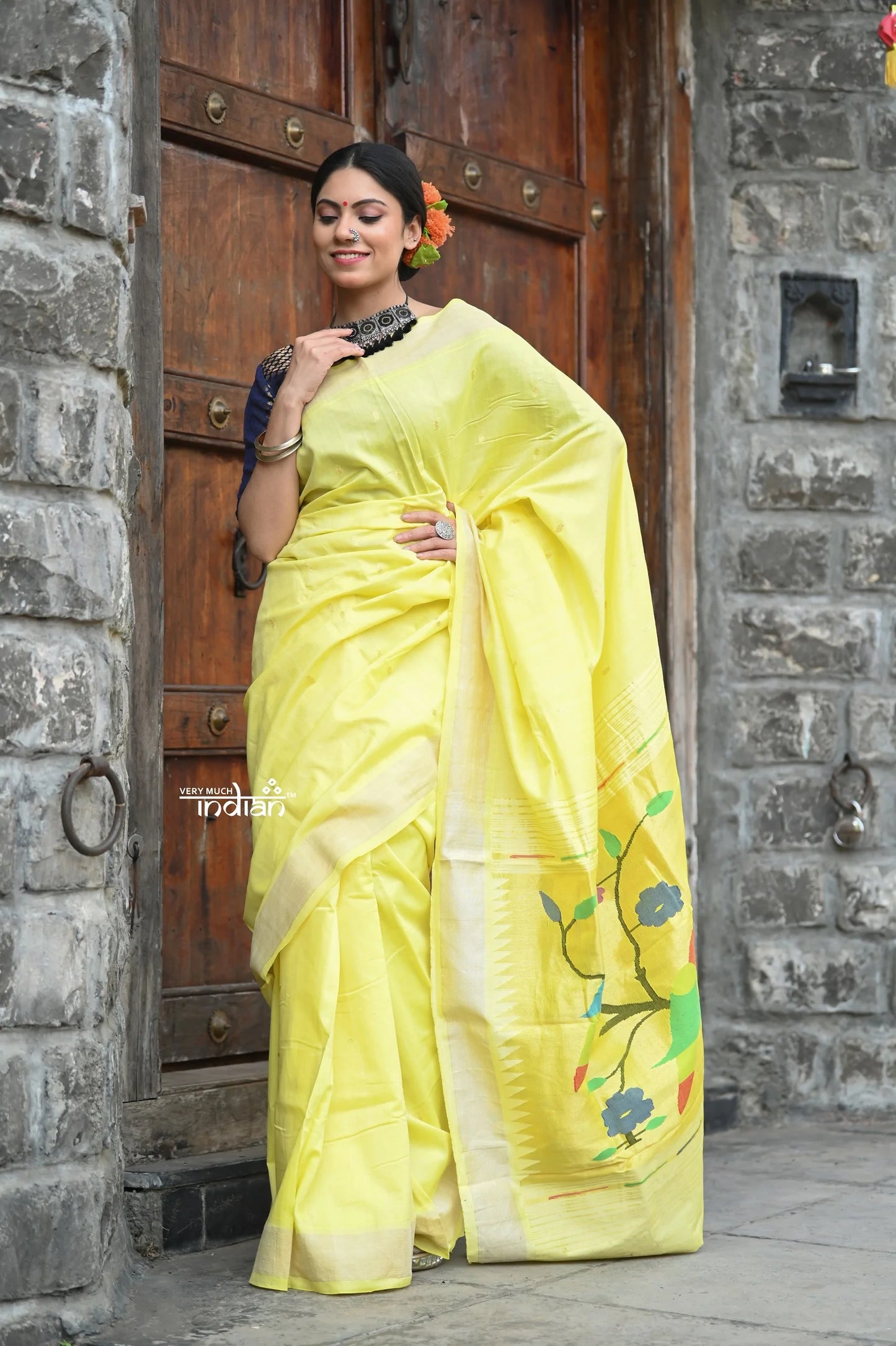 Raaga~ Traditional Handloom Pure Cotton Fresh Yellow Paithani with Parrots  Pallu