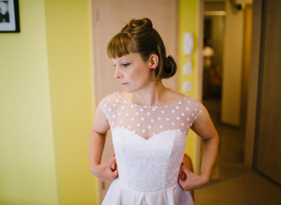 Country Style Cap Sleeves Polka Dot Tea Length 50s Style Wedding Dress,20110639