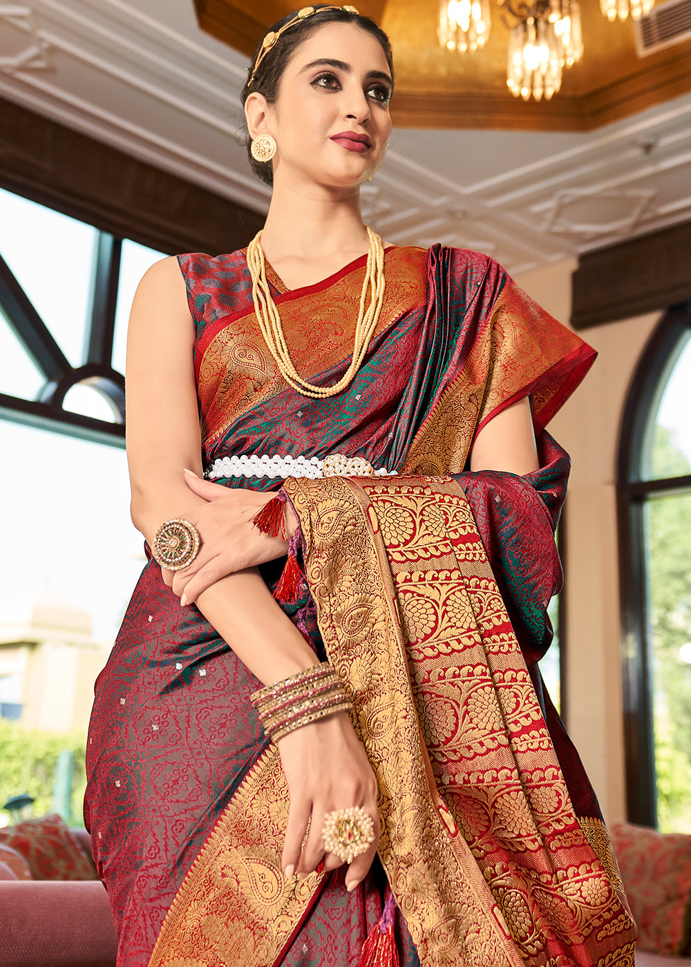 Rose Red Woven Two Tone Soft Silk Saree