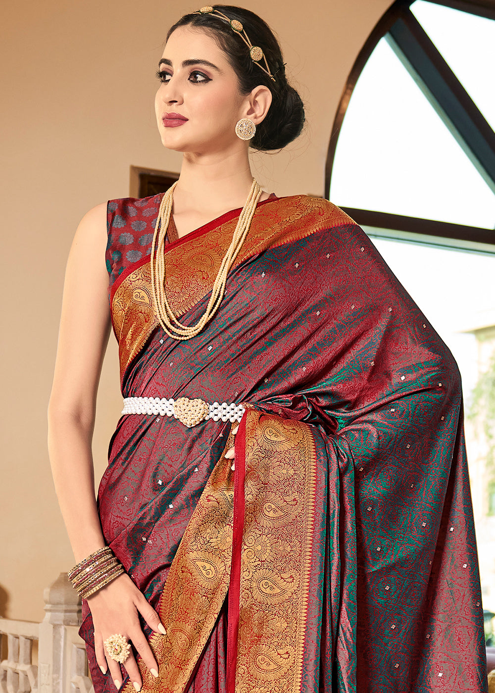 Rose Red Woven Two Tone Soft Silk Saree