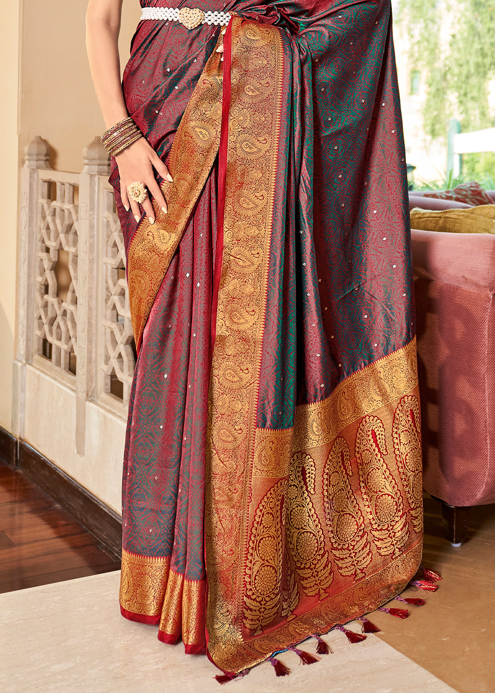 Rose Red Woven Two Tone Soft Silk Saree