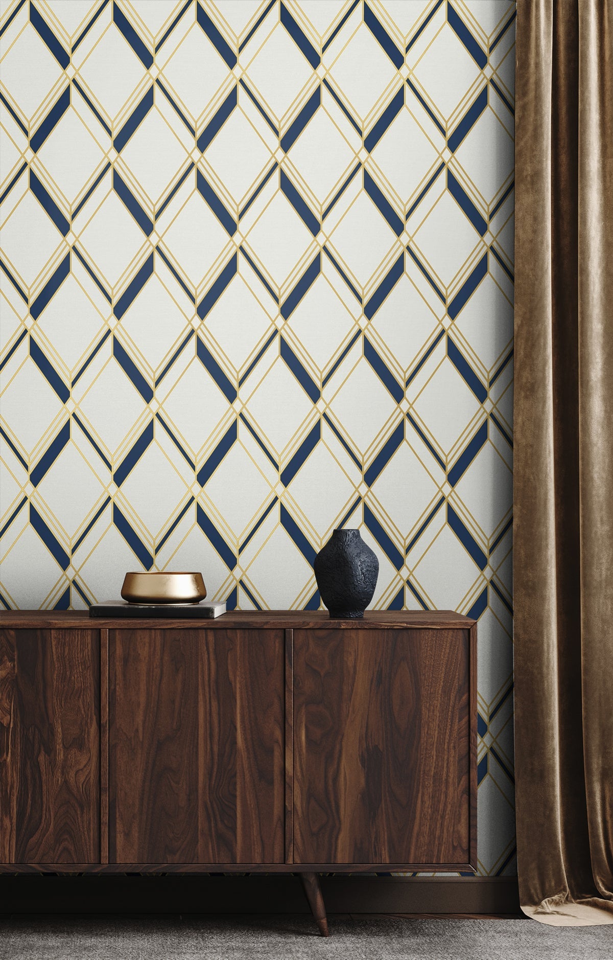 Brooklyn Diamond Metallic Gold & Navy Wallpaper from Deco 2 by Collins & Company