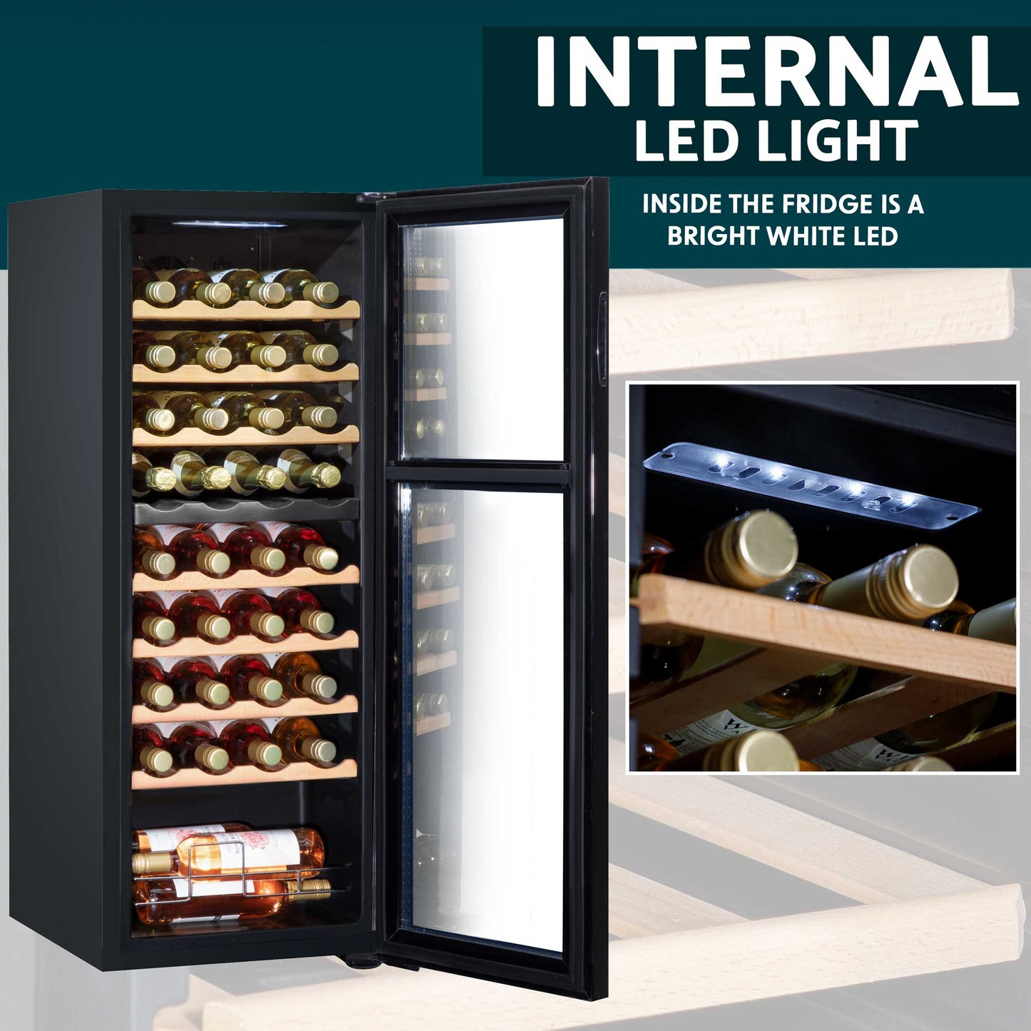 Baridi 36 Bottle Dual Zone Wine Cooler, Fridge, Touch Screen Controls, Wooden Shelves, LED - Black - DH91