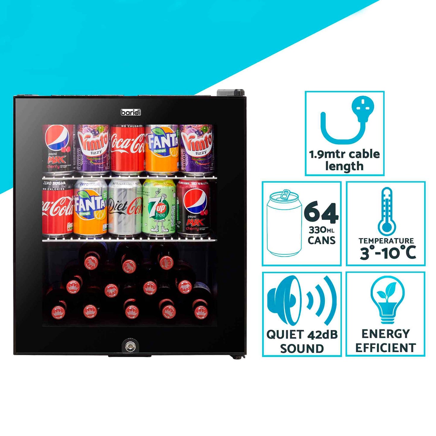 Baridi 50L Drinks/Beer & Wine Mini Cooler Fridge with LED Light, Black - DH12