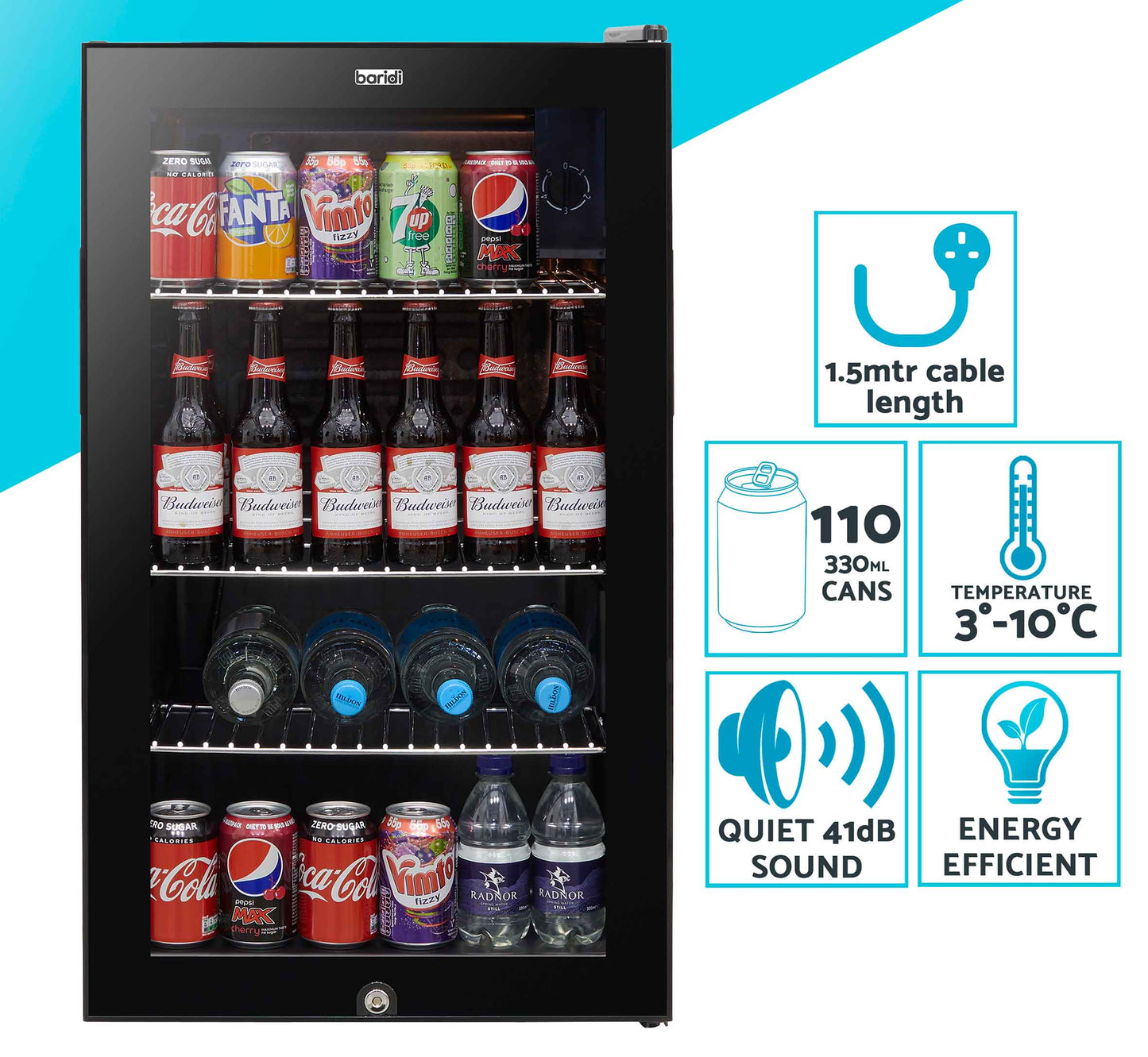 Baridi 85L Under Counter Drinks/Beer & Wine Cooler Fridge with Light, Black - DH13