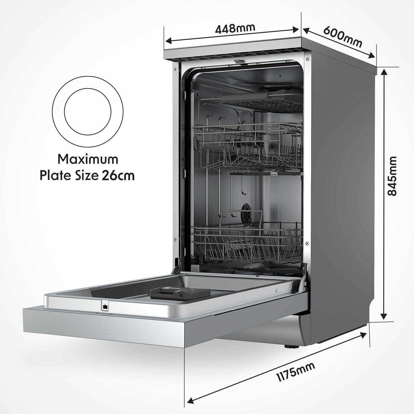 Baridi 45cm Slimline Freestanding Dishwasher, 10 Place Settings, 8 Programs, LED Display, Silver - DH166