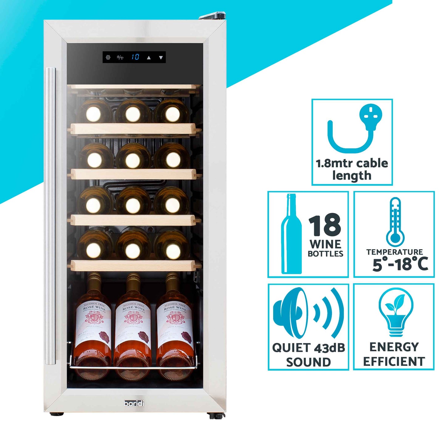 Baridi 18 Bottle Wine Cooler Fridge with Digital Touch Screen Controls & LED Light, Stainless Steel - DH29