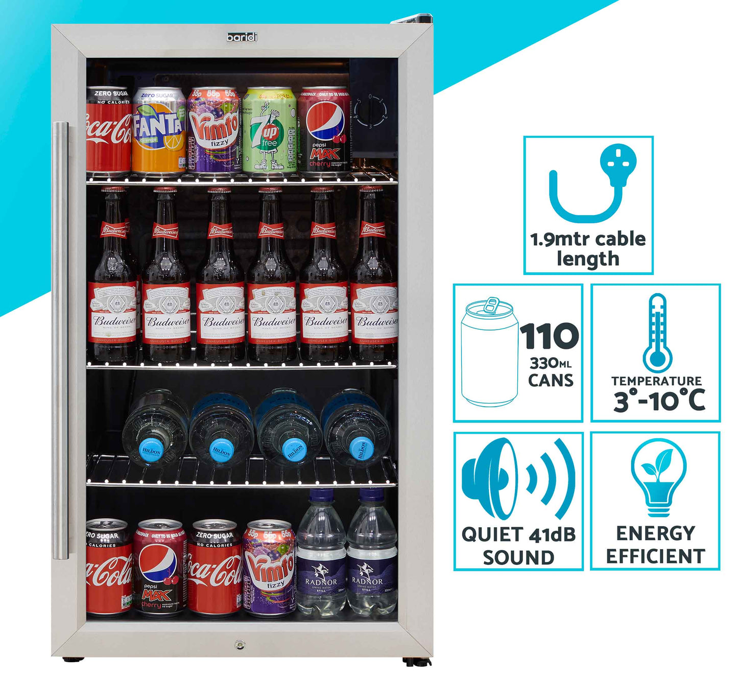 Baridi 85L Under Counter Drinks, Beer & Wine Cooler Fridge with Light, Stainless Steel - DH31
