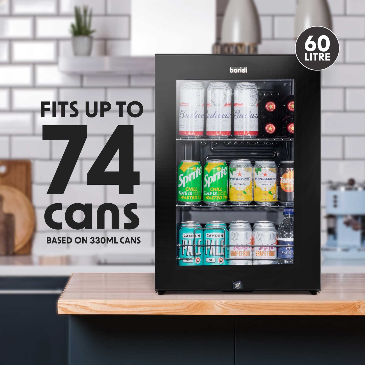 Baridi 60L Beer & Drinks Fridge with LED Light, Black and Glass Door - DH62