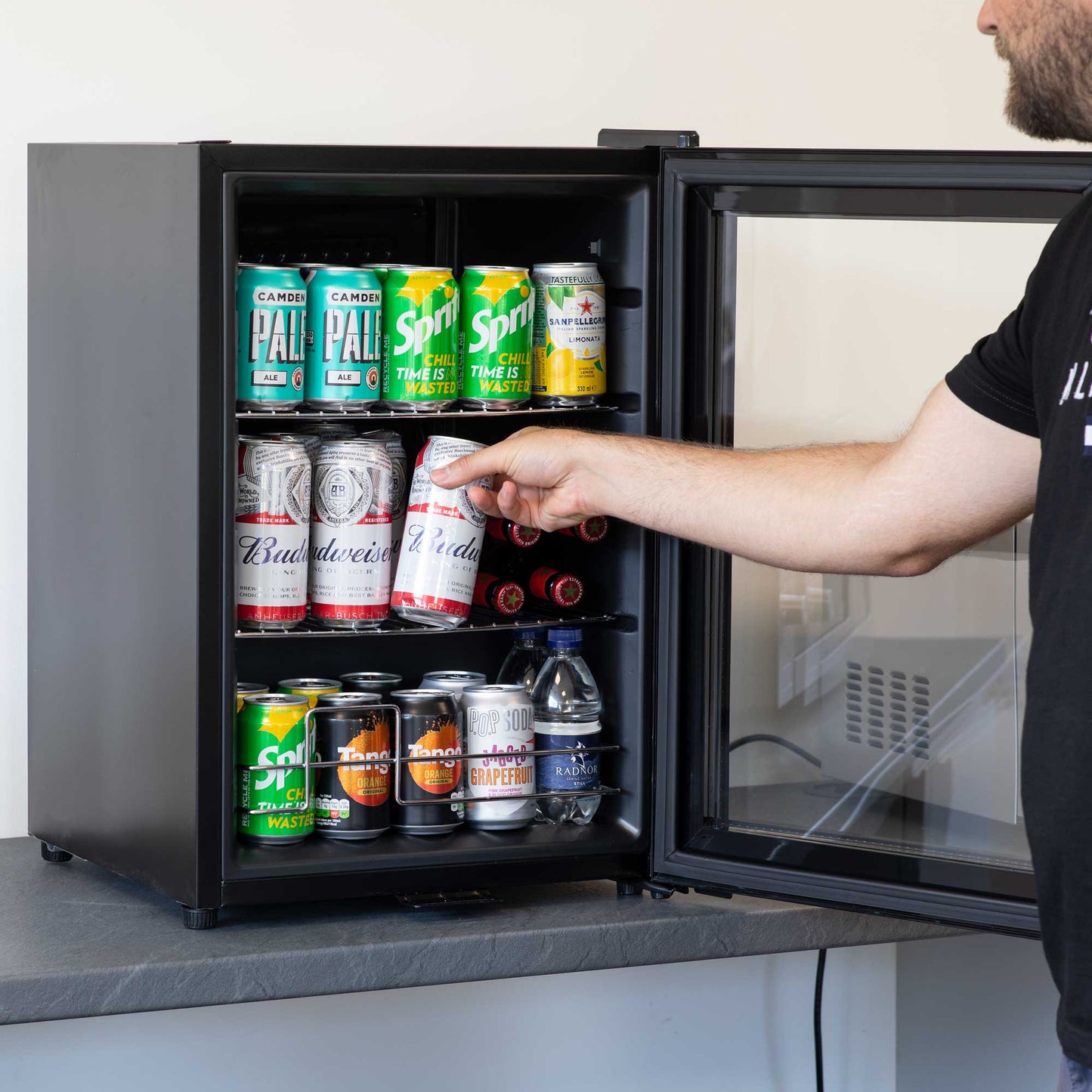 Baridi 60L Beer & Drinks Fridge with LED Light, Black and Glass Door - DH62