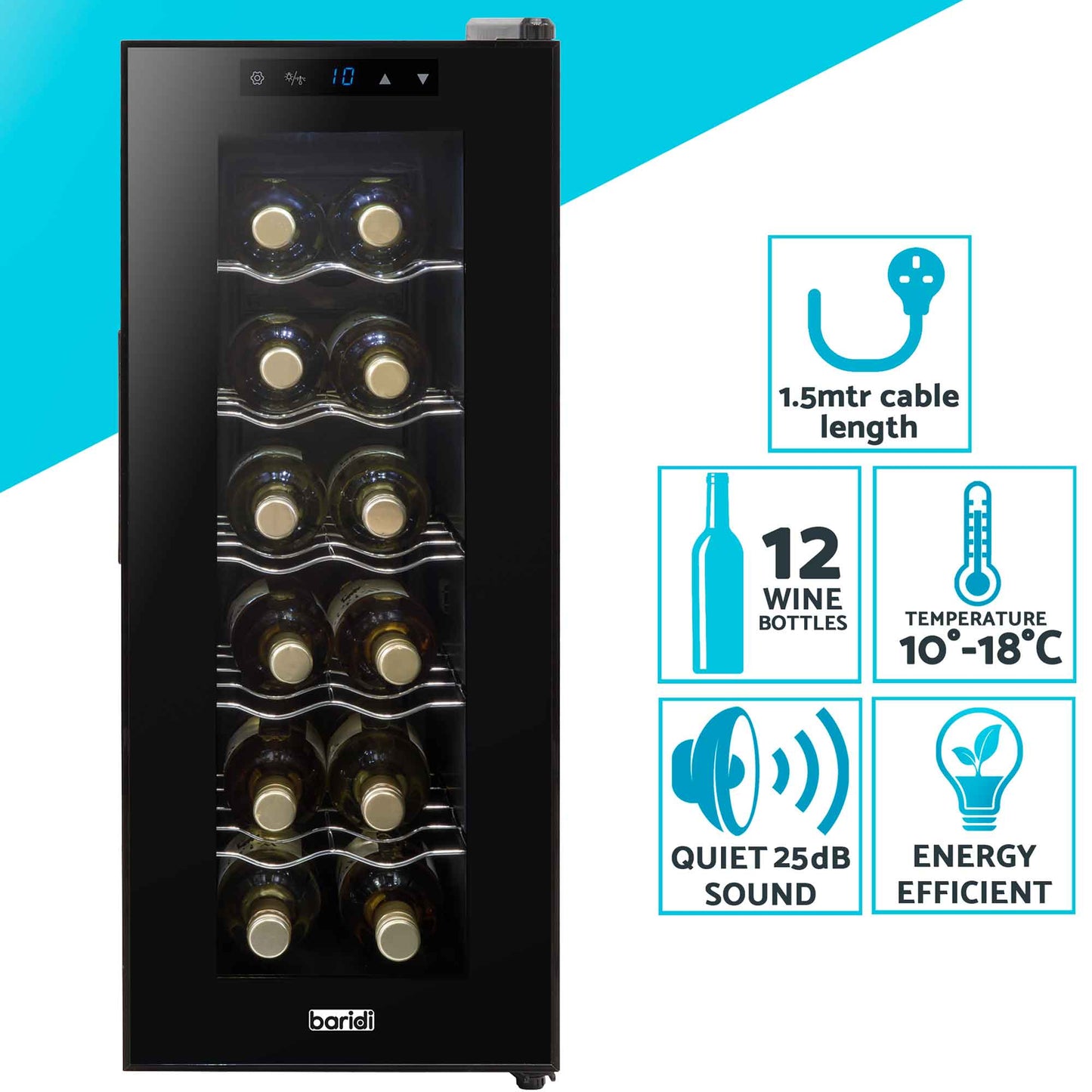 Baridi 12 Bottle Wine Cooler with Digital Touch Screen Controls & LED Light, Black - DH73
