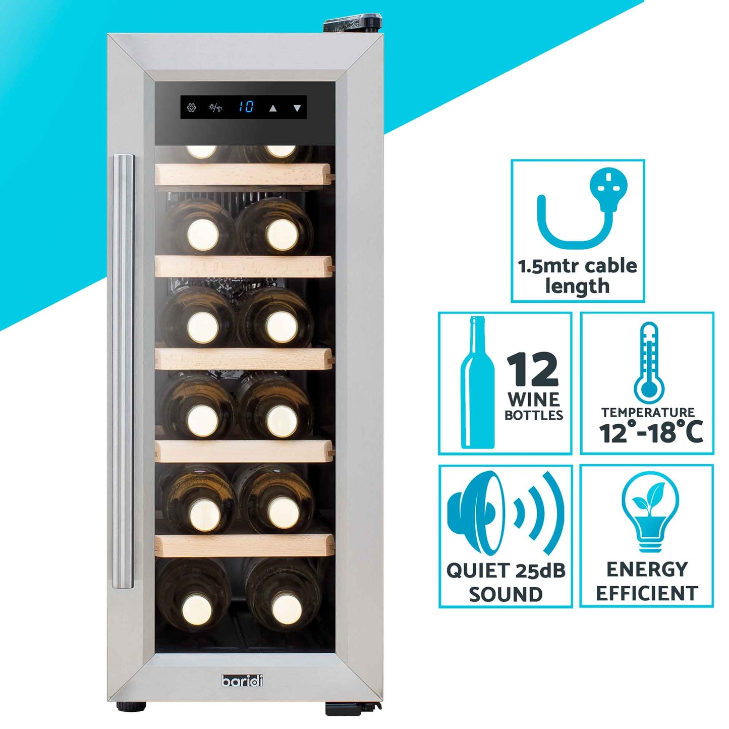 Baridi 12 Bottle Wine Cooler with Digital Touch Screen Controls & LED Light, Stainless Steel - DH74