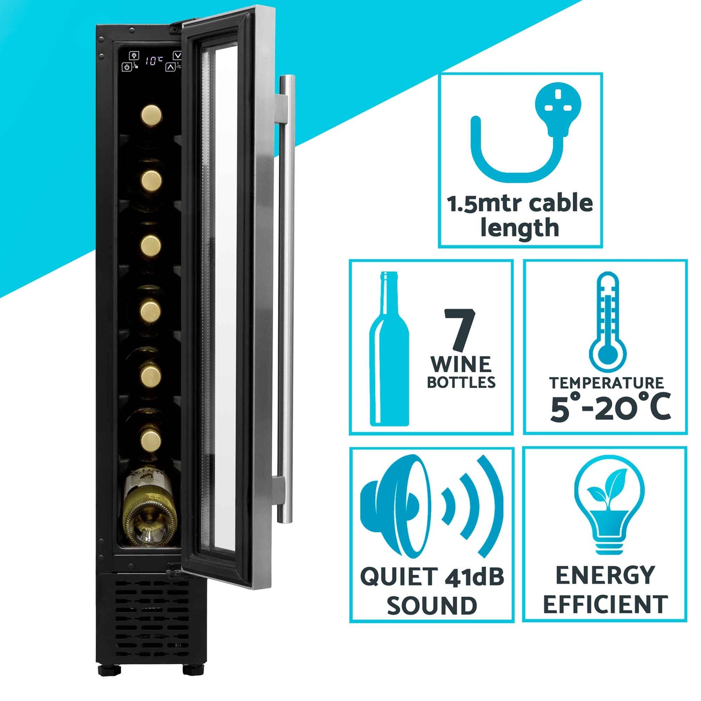 Baridi 7 Bottle 15cm Slim Wine Cooler with Digital Touch Screen Controls, Stainless Steel - DH77