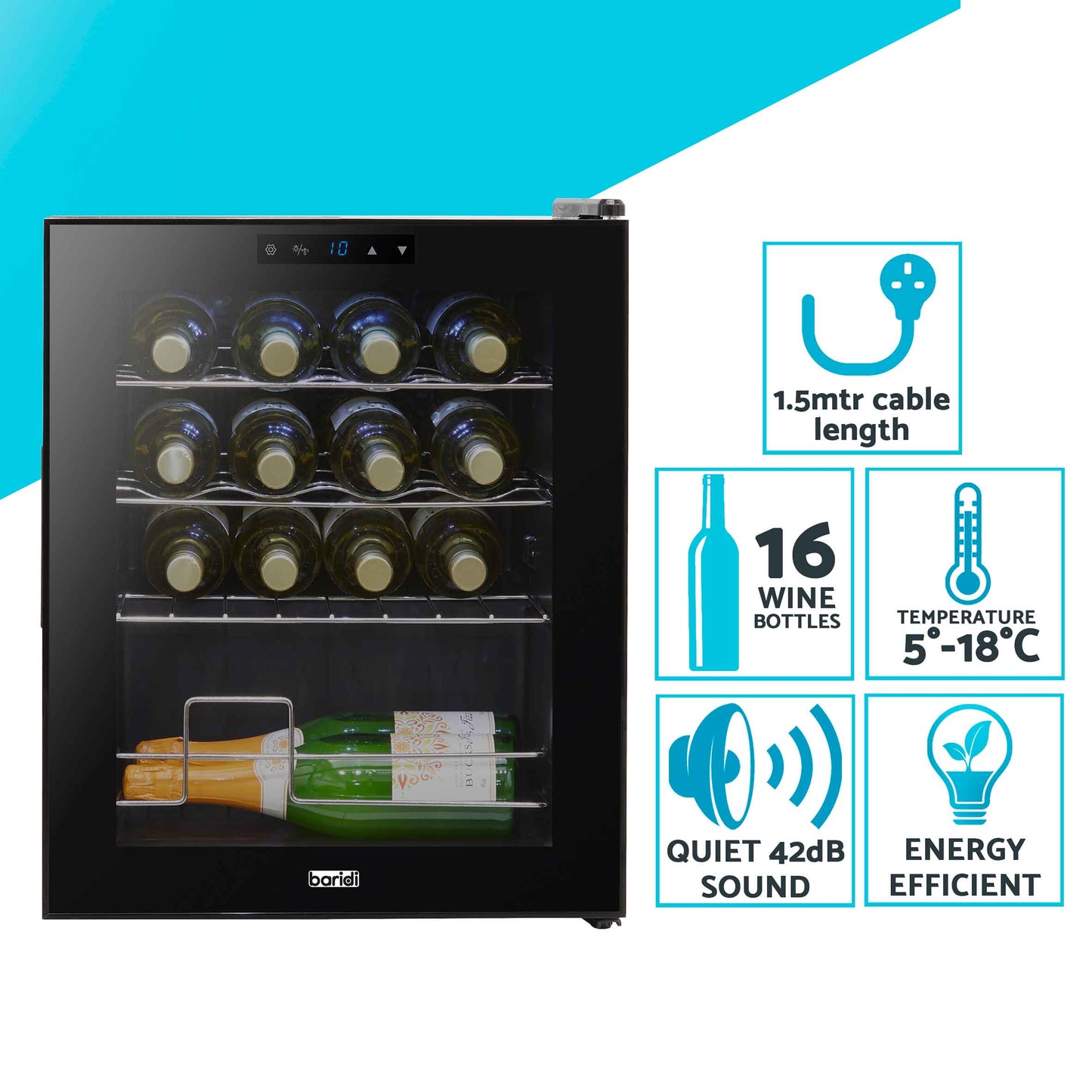Baridi 16 Bottle Wine Cooler Fridge with Digital Touch Screen Controls & LED Light, Black - DH7