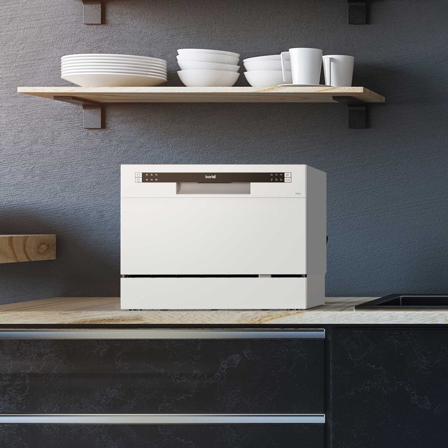 Compact Tabletop Dishwasher 6 Place Settings, 6 Programmes, Low Noise, 6.5L Cycle - White - DH83