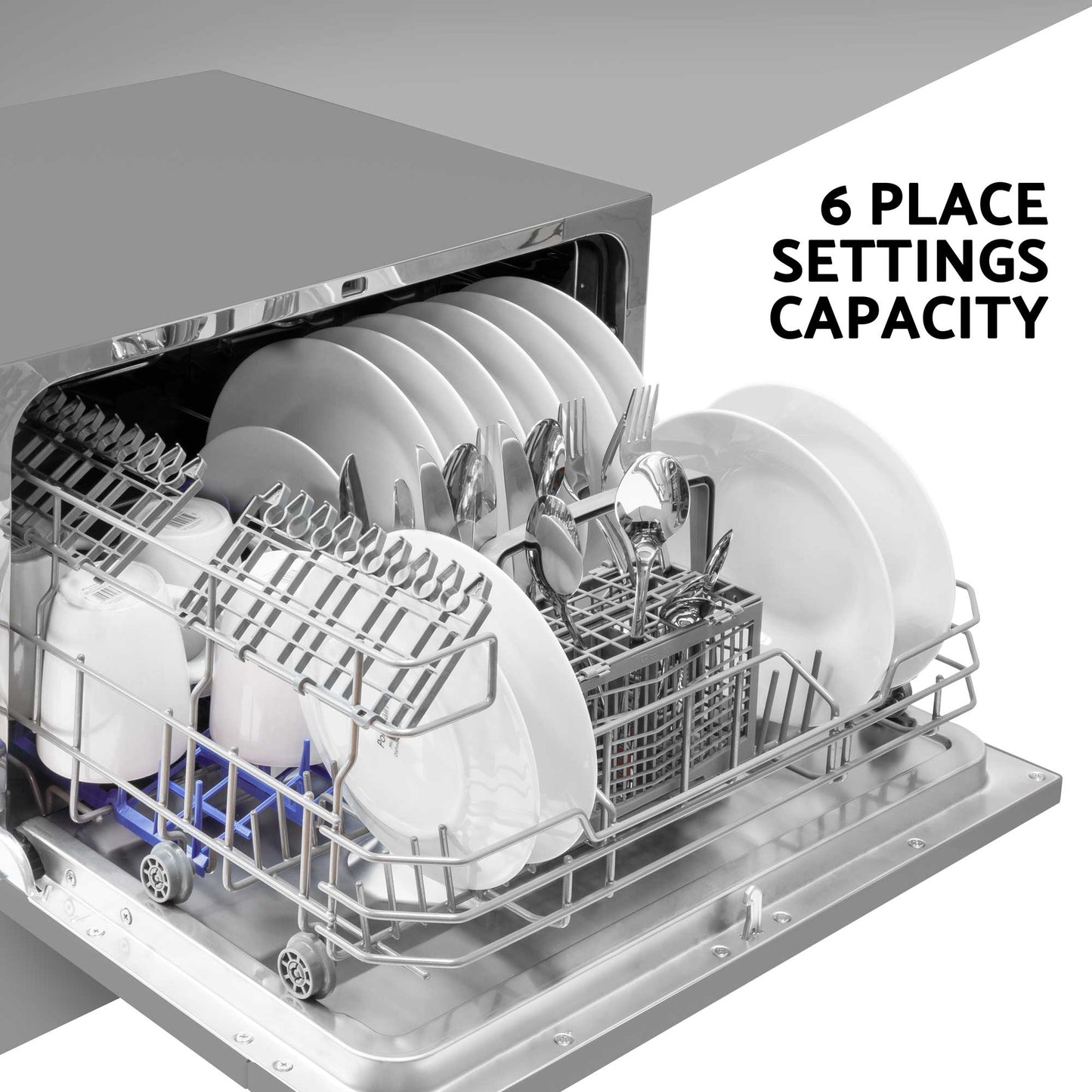 Compact Tabletop Dishwasher 6 Place Settings, 6 Programmes, Low Noise, 6.5L Cycle - Silver - DH84