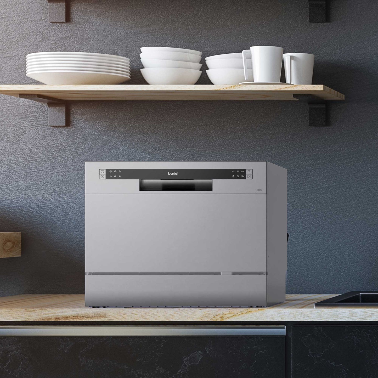Compact Tabletop Dishwasher 6 Place Settings, 6 Programmes, Low Noise, 6.5L Cycle - Silver - DH84