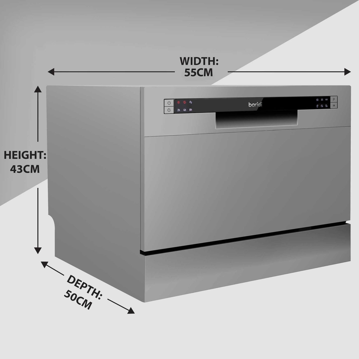 Compact Tabletop Dishwasher 6 Place Settings, 6 Programmes, Low Noise, 6.5L Cycle - Silver - DH84
