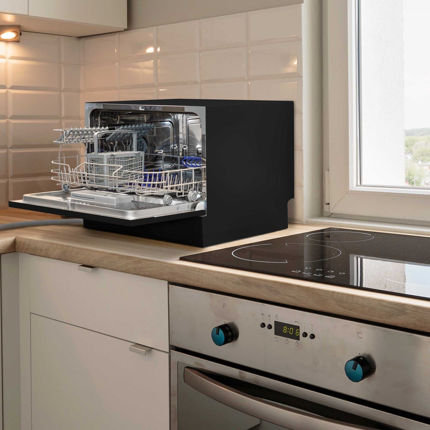Compact Tabletop Dishwasher 6 Place Settings, 6 Programmes, Low Noise, 6.5L Cycle - Black - DH85