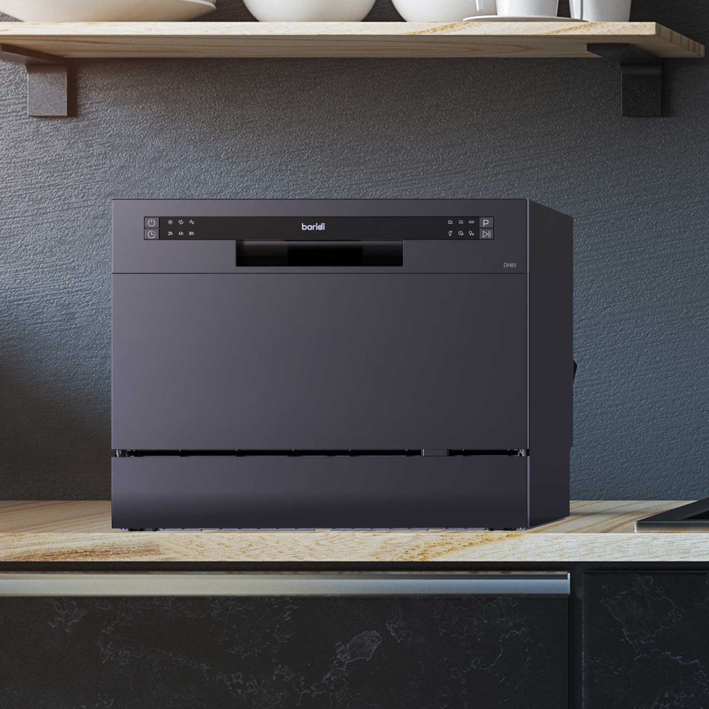 Compact Tabletop Dishwasher 6 Place Settings, 6 Programmes, Low Noise, 6.5L Cycle - Black - DH85
