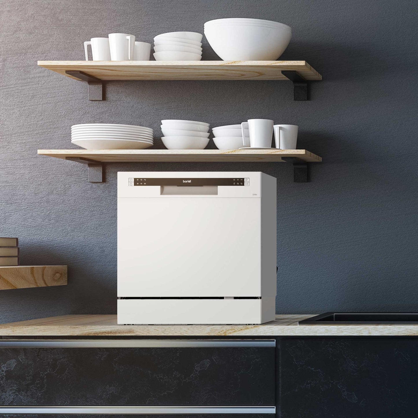 Compact Tabletop Dishwasher 8 Place Settings, 6 Programmes, Low Noise, 8L Cycle - White - DH86