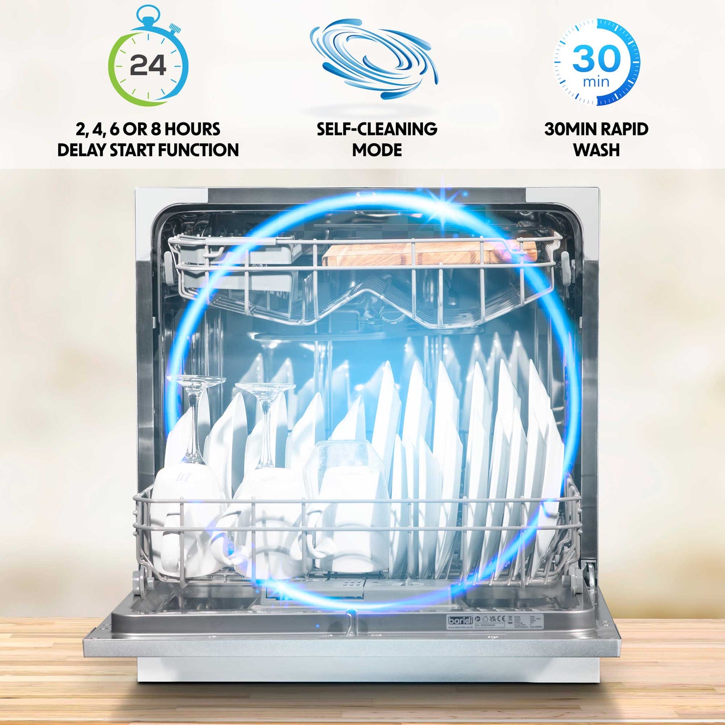 Compact Tabletop Dishwasher 8 Place Settings, 6 Programmes, Low Noise, 8L Cycle - White - DH86