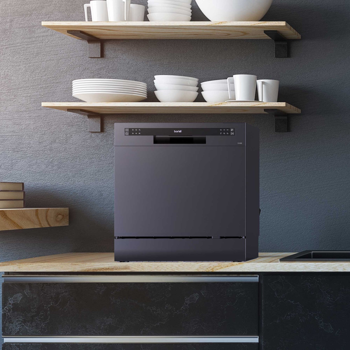 Compact Tabletop Dishwasher 8 Place Settings, 6 Programmes, Low Noise, 8L Cycle - Black - DH88