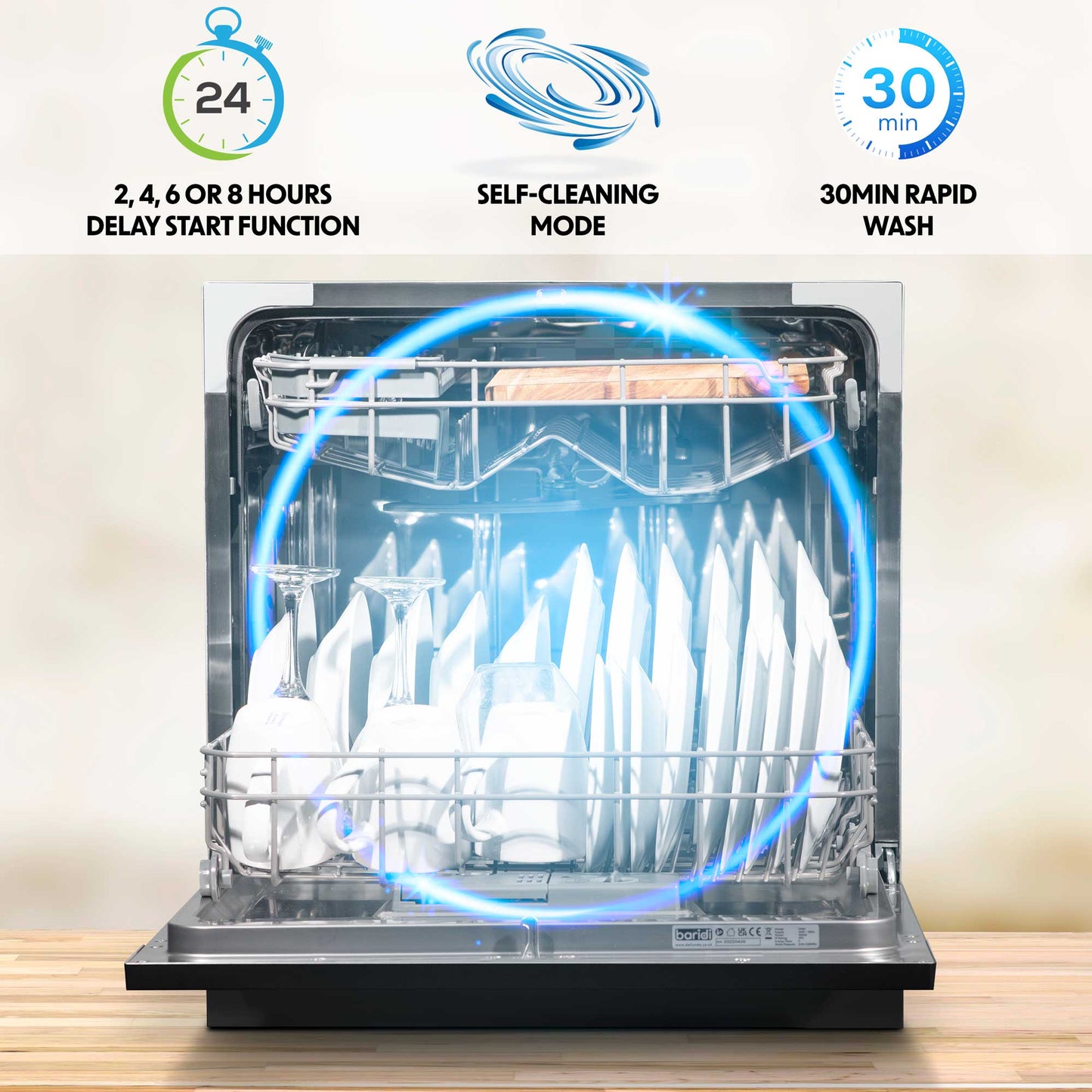 Compact Tabletop Dishwasher 8 Place Settings, 6 Programmes, Low Noise, 8L Cycle - Black - DH88