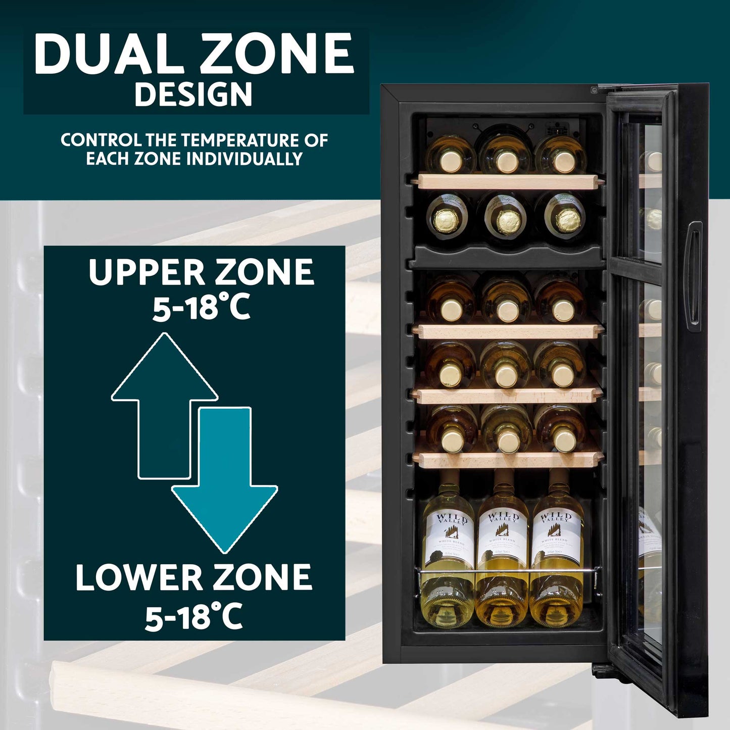 Baridi 18 Bottle Dual Zone Wine Cooler, Fridge, Touch Screen Controls, Wooden Shelves, LED - Black - DH89