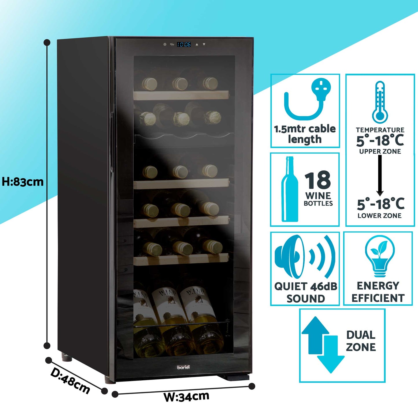 Baridi 18 Bottle Dual Zone Wine Cooler, Fridge, Touch Screen Controls, Wooden Shelves, LED - Black - DH89
