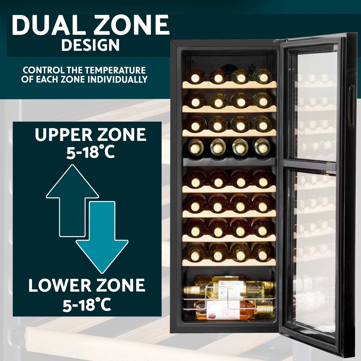Baridi 36 Bottle Dual Zone Wine Cooler, Fridge, Touch Screen Controls, Wooden Shelves, LED - Black - DH91