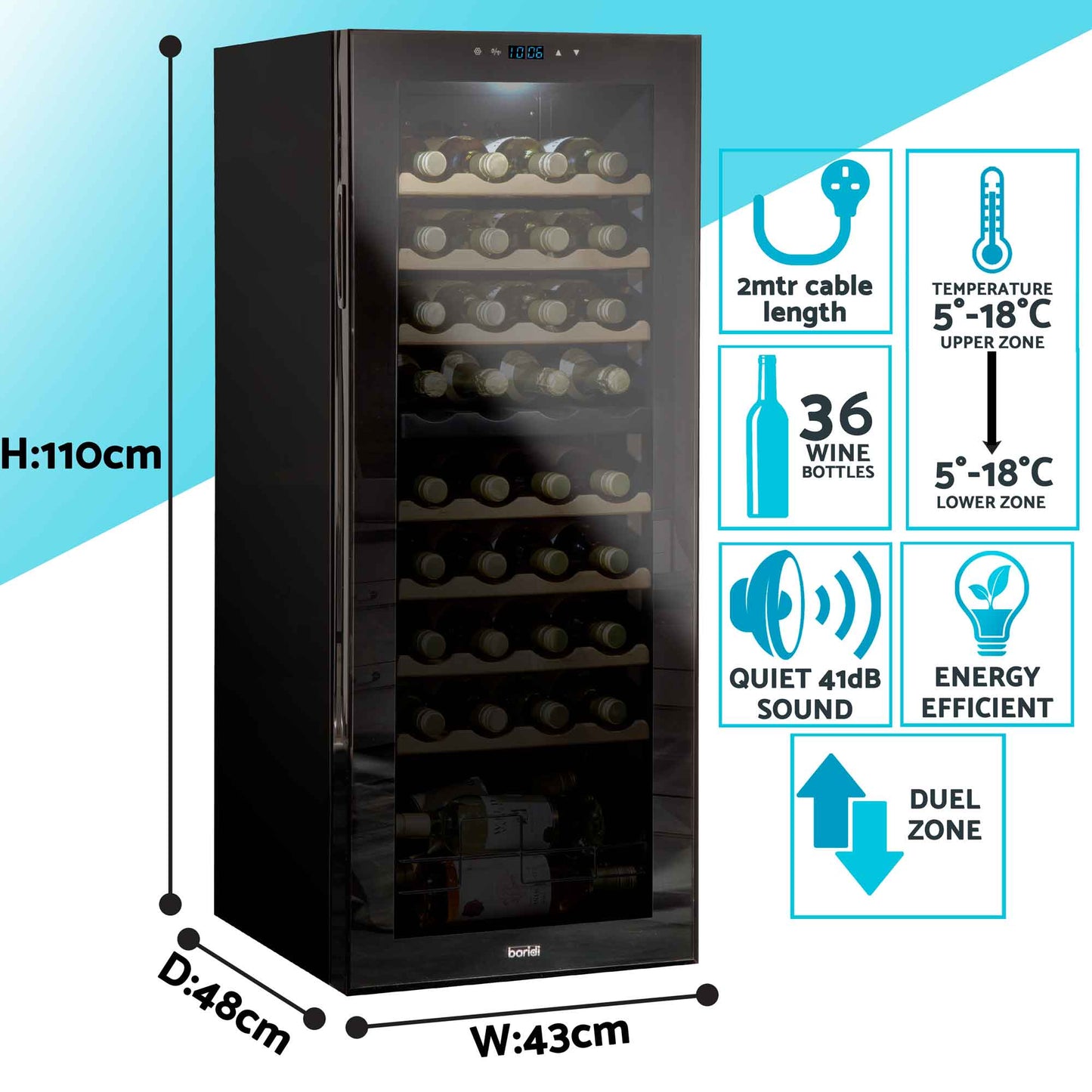Baridi 36 Bottle Dual Zone Wine Cooler, Fridge, Touch Screen Controls, Wooden Shelves, LED - Black - DH91