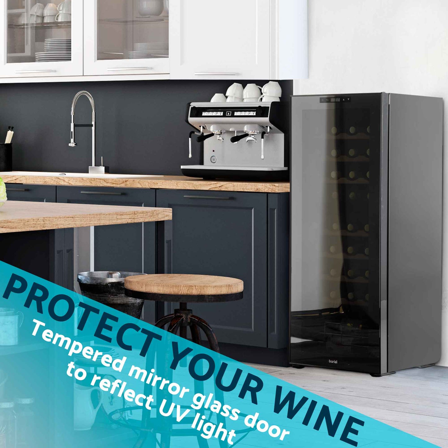 Baridi 36 Bottle Dual Zone Wine Cooler, Fridge, Touch Screen Controls, Wooden Shelves, LED - Black - DH91