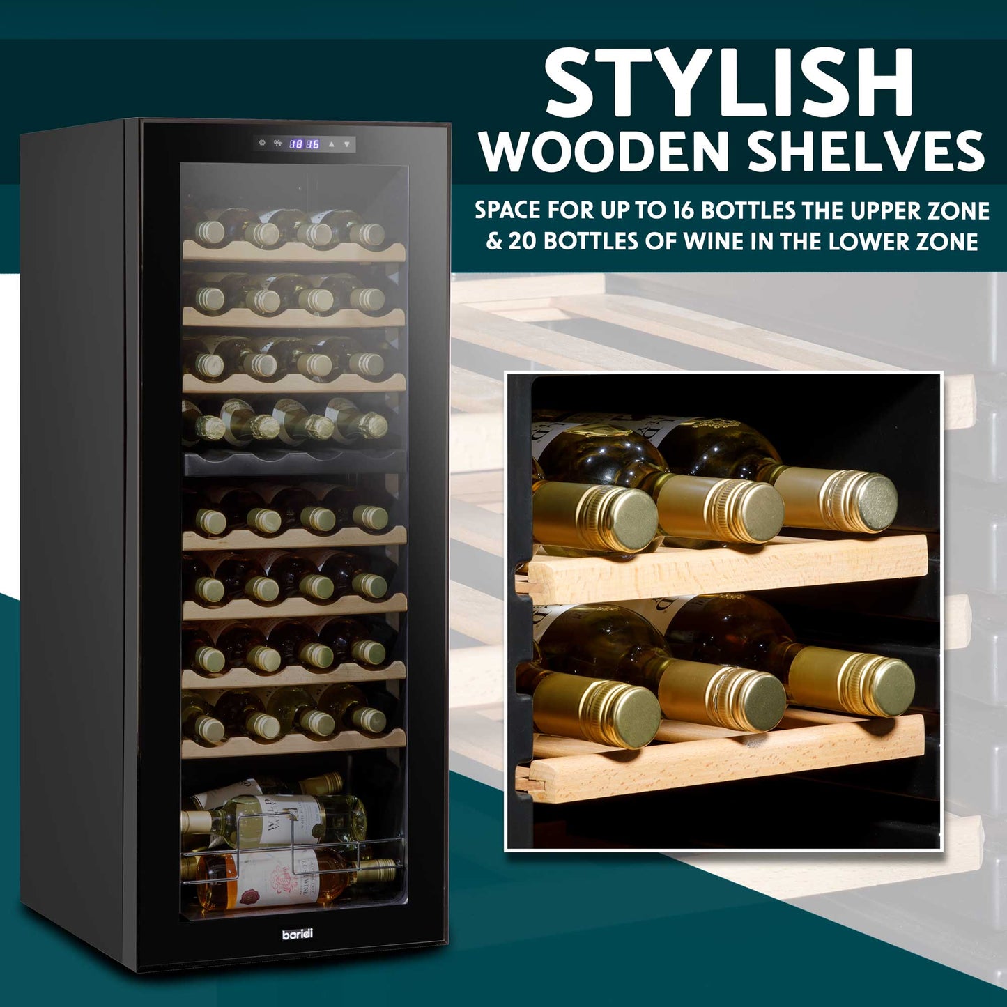 Baridi 36 Bottle Dual Zone Wine Cooler, Fridge, Touch Screen Controls, Wooden Shelves, LED - Black - DH91