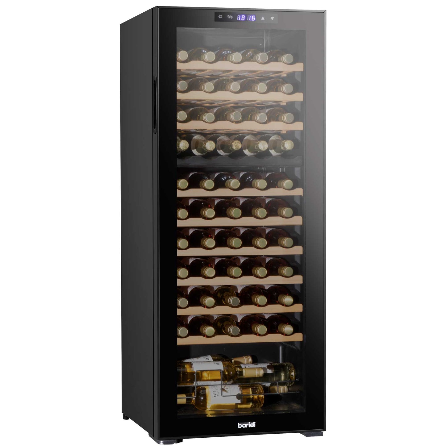 Baridi 55 Bottle Dual Zone Wine Cooler, Fridge, Touch Screen Controls, Wooden Shelves, LED - Black - DH93
