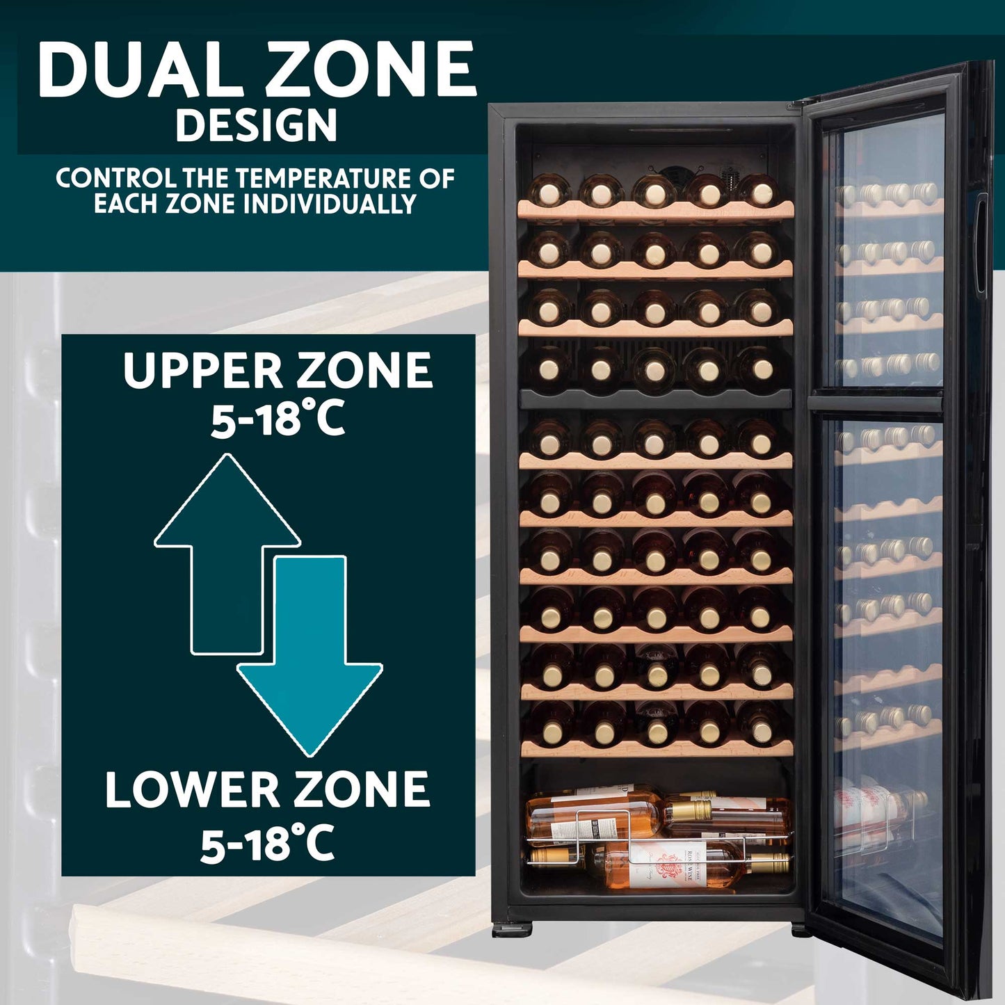 Baridi 55 Bottle Dual Zone Wine Cooler, Fridge, Touch Screen Controls, Wooden Shelves, LED - Black - DH93