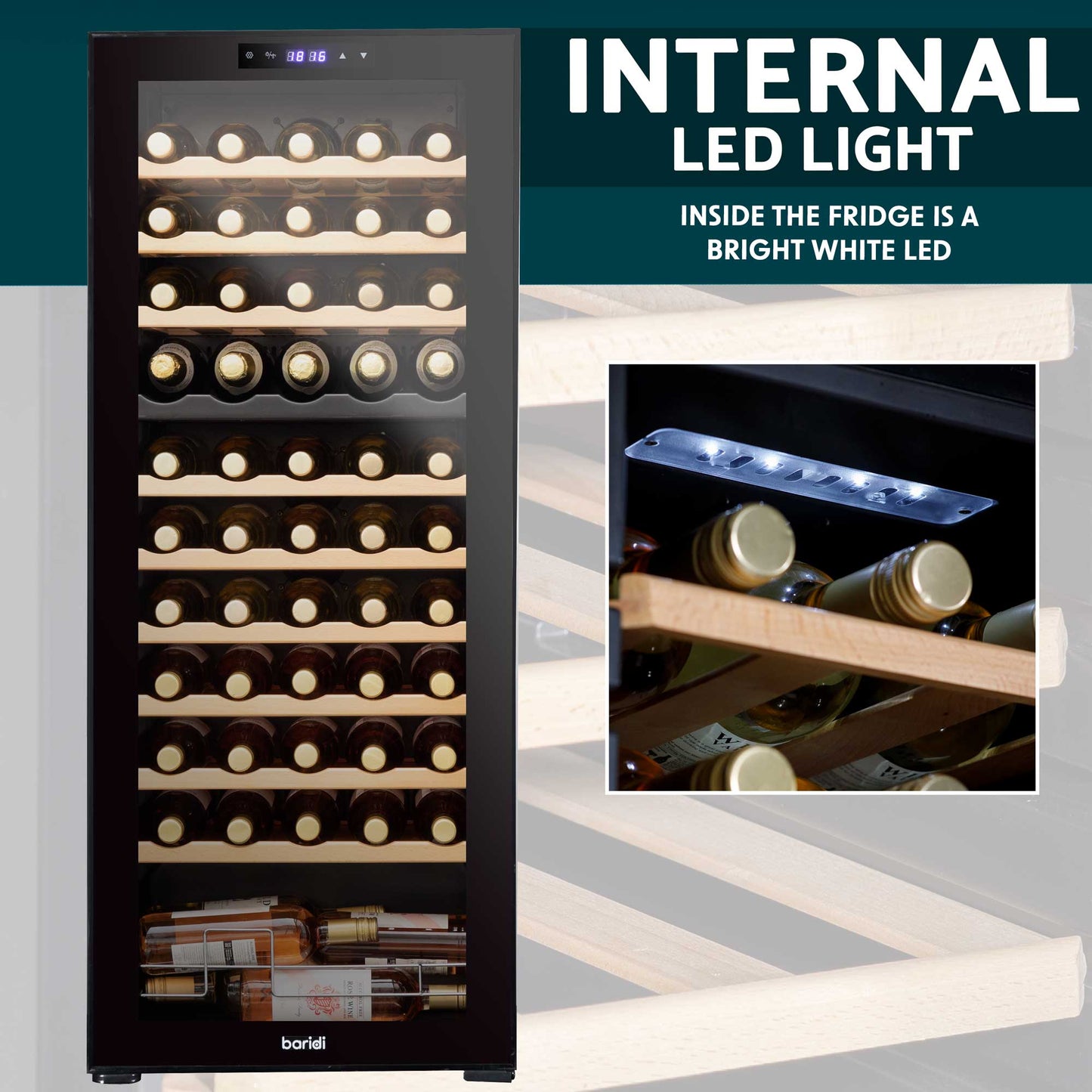Baridi 55 Bottle Dual Zone Wine Cooler, Fridge, Touch Screen Controls, Wooden Shelves, LED - Black - DH93