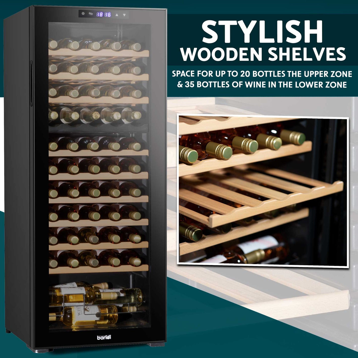 Baridi 55 Bottle Dual Zone Wine Cooler, Fridge, Touch Screen Controls, Wooden Shelves, LED - Black - DH93