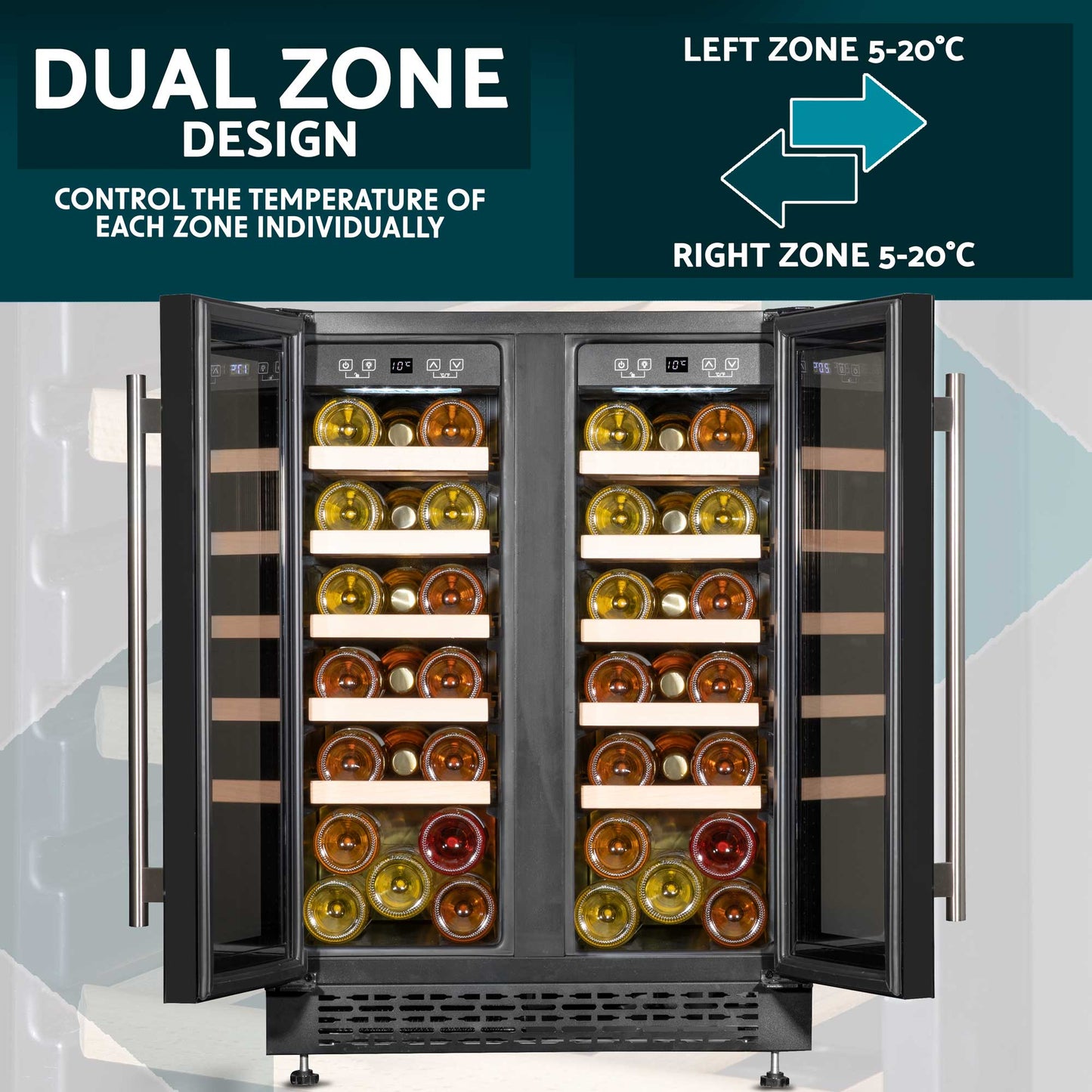 Baridi 60cm Dual Zone Commercial Grade Wine Cooler 40 Bottle Under Counter Freestanding/Built-In Fridge - DH96