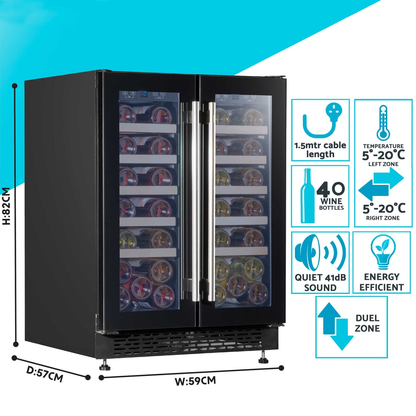 Baridi 60cm Dual Zone Commercial Grade Wine Cooler 40 Bottle Under Counter Freestanding/Built-In Fridge - DH96