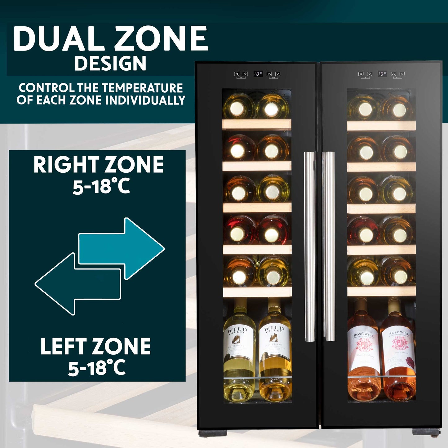 Baridi 24 Bottle Dual Zone Wine Cooler, Fridge, Touch Screen, LED Light Black and Mirror Glass Door - DH97
