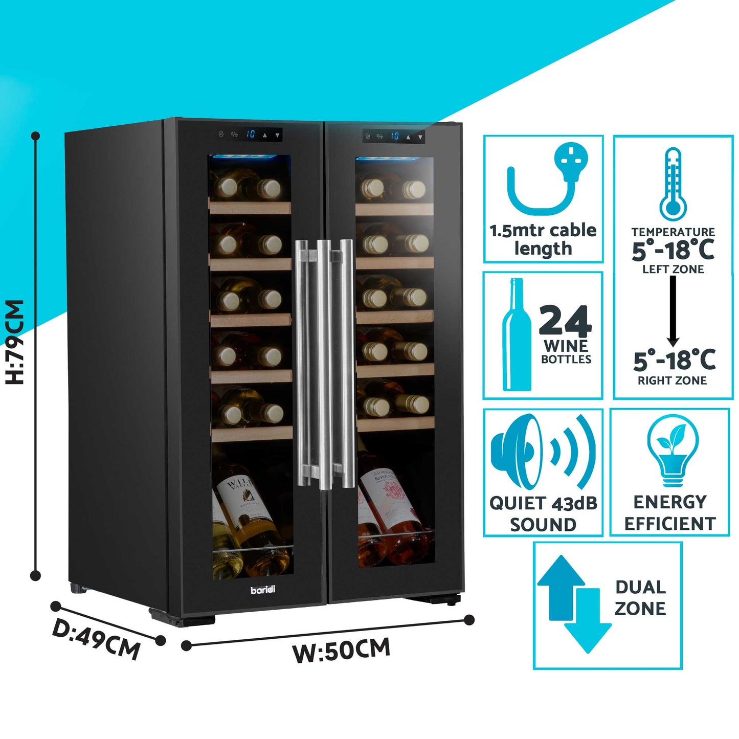 Baridi 24 Bottle Dual Zone Wine Cooler, Fridge, Touch Screen, LED Light Black and Mirror Glass Door - DH97