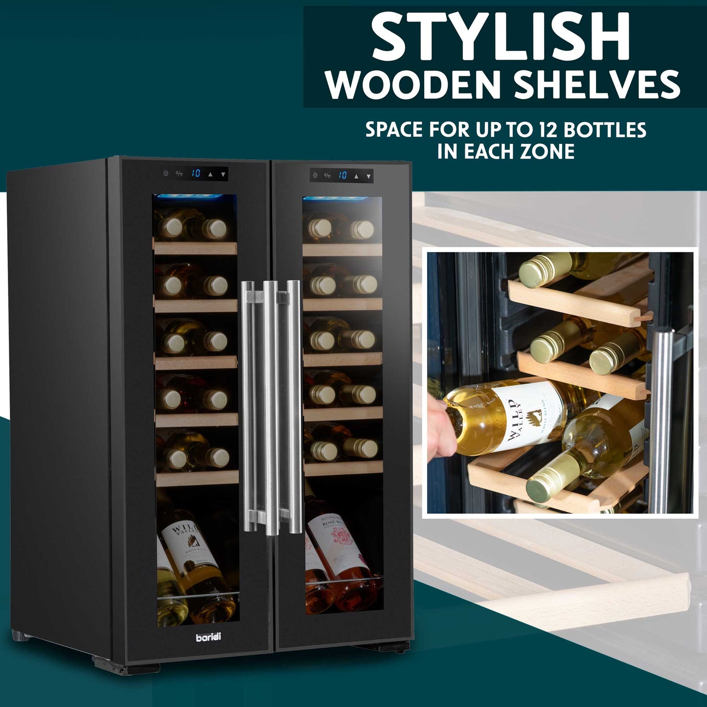 Baridi 24 Bottle Dual Zone Wine Cooler, Fridge, Touch Screen, LED Light Black and Mirror Glass Door - DH97
