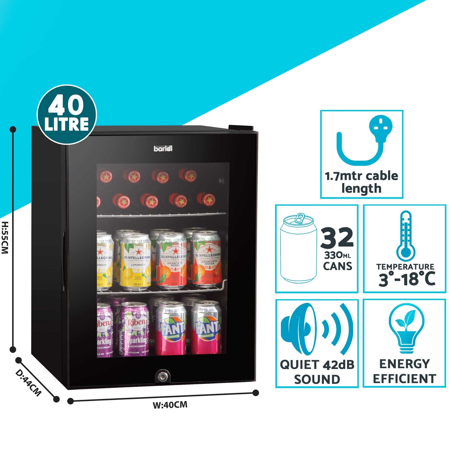 Baridi 40L Drinks Mini Fridge with LED Light, Black and Glass Door - DH98
