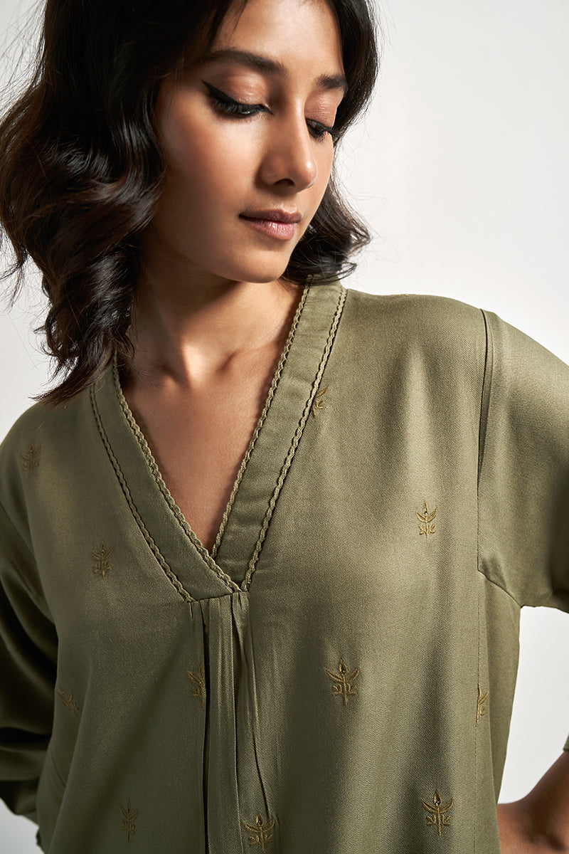 Olive drab Embroidered Pashmina kurta set