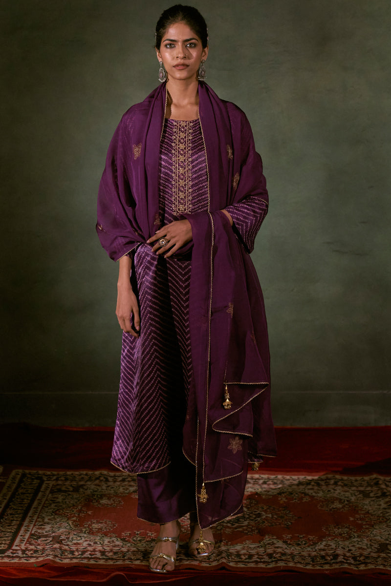 Linen Satin Top With Embroidered Organza Dupatta Available In Dark Purple And Pink