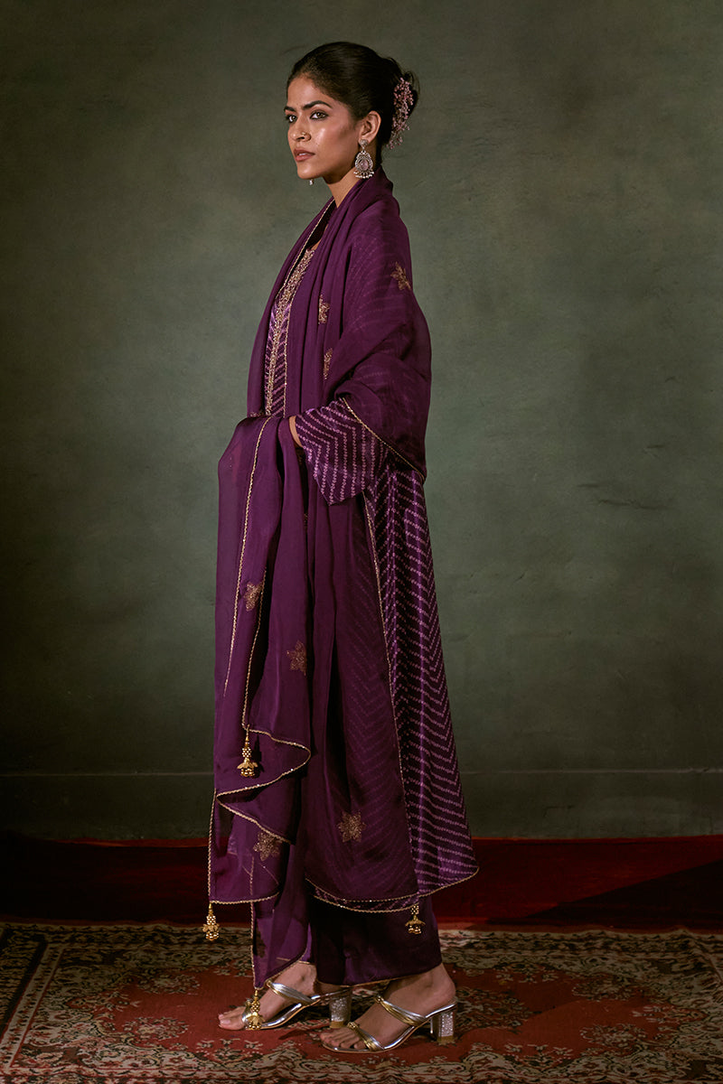 Linen Satin Top With Embroidered Organza Dupatta Available In Dark Purple And Pink