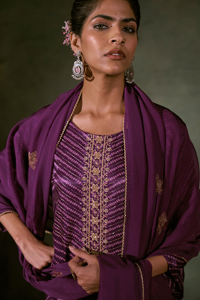 Linen Satin Top With Embroidered Organza Dupatta Available In Dark Purple And Pink