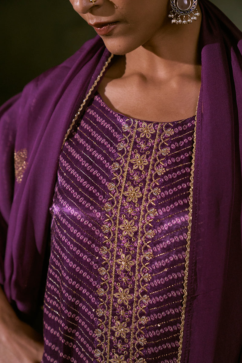 Linen Satin Top With Embroidered Organza Dupatta Available In Dark Purple And Pink