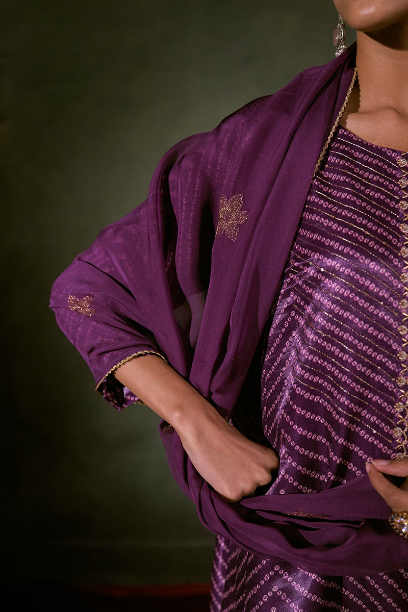 Linen Satin Top With Embroidered Organza Dupatta Available In Dark Purple And Pink